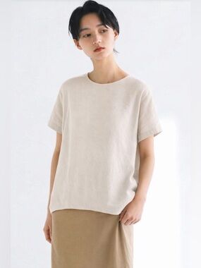 Muji Linen Boxy Top Blouse Women Size S  Beige Minimalist Relaxed Fit Lagenlook